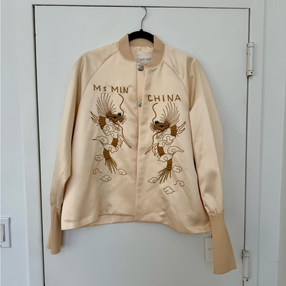 Cream and Tan Ms Min Satin Bomber Jacket